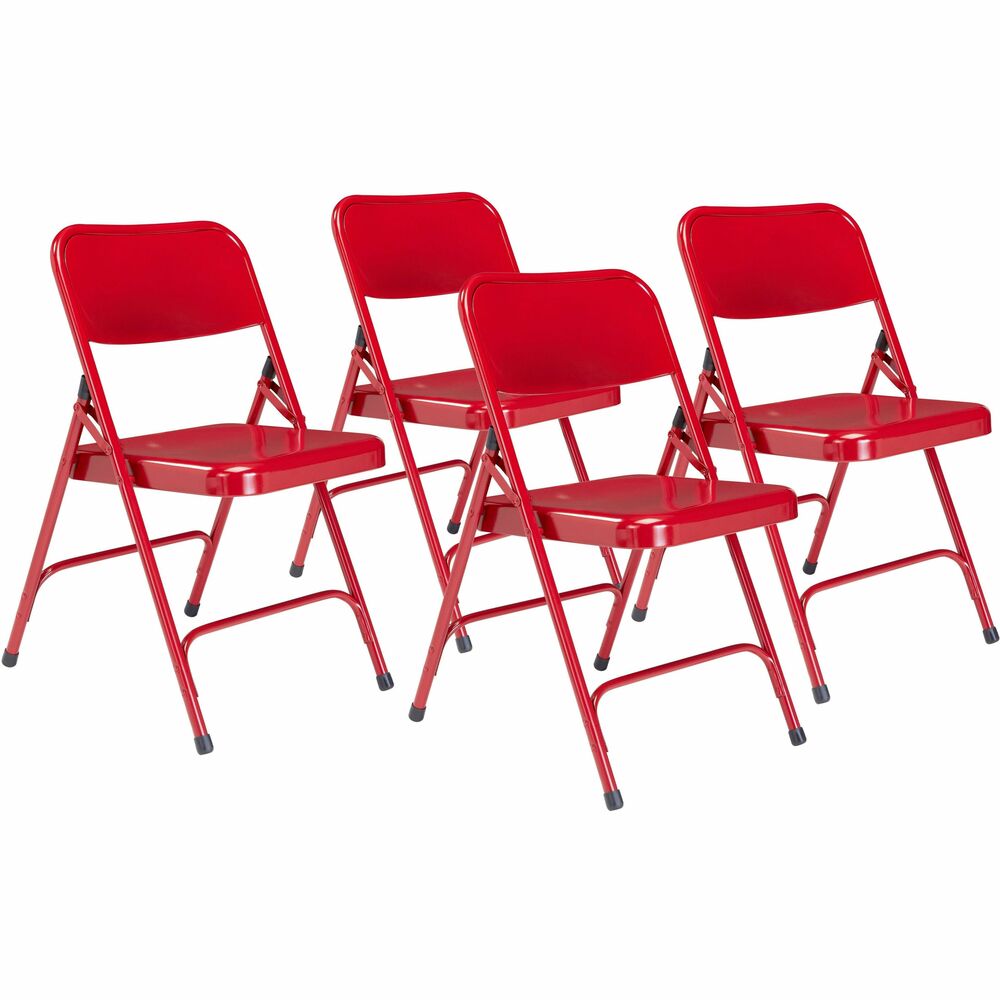 NPS240 - The 200 Series Premium All-Steel Folding Chair features a heavy-duty, powder-coated 18-gauge tubular frame with a 2 -1/4" frame strengthener on each side of the seat. Two double-riveted U-braces, one in front and one in back, securely support the double-hinged legs. The seat is designed with a waterfall-style front for added comfort. A supportive full-sized, double-contoured backrest features curled safety edges and is electromagnetically tack-welded to the frame. Color-coordinated V-tip stability plugs provide added reinforcement at the frame's junction and matching replaceable glides prevent floor damage. The 200 Series meets MAS Certified Green and ANSI/BIFMA standards.