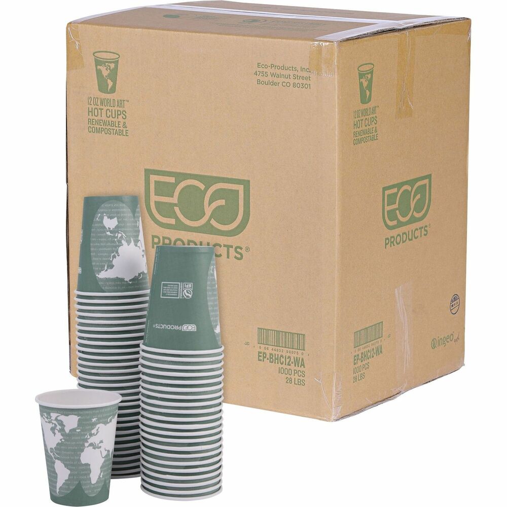 ECOEPBHC12WA - Hot drink cups offer a PLA inner lining to ensure a leakproof seal without the use of conventional plastic. Lining is made of a plant-based resin. Smooth rolled rim ensures comfortable use and a secure lid fit. The exterior design features a map of the world with the land masses in white. Cups are made from renewable resources including paper and with an inner lining made with a natural plastic made from corn. Paper hot cups are not recommended for microwaves.