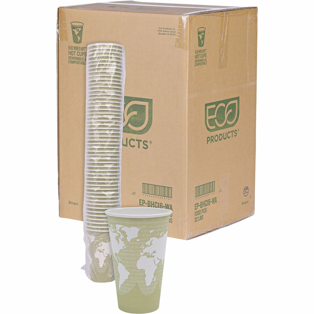 ECOEPBHC16WA - Hot drink cups offer a PLA inner lining to ensure a leakproof seal without the use of conventional plastic. Lining is made of a plant-based resin. Smooth rolled rim ensures comfortable use and a secure lid fit. The exterior design features a map of the world with the land masses in white. Cups are made from renewable resources including paper and with an inner lining made with a natural plastic made from corn. Paper hot cups are not recommended for microwaves.