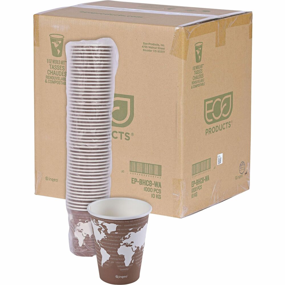 ECOEPBHC8WA - Hot drink cups offer a PLA inner lining to ensure a leakproof seal without the use of conventional plastic. Lining is made of a plant-based resin. Smooth rolled rim ensures comfortable use and a secure lid fit. The exterior design features a map of the world with the land masses in white. Cups are made from renewable resources including paper and with an inner lining made with a natural plastic made from corn. Paper hot cups are not recommended for microwaves.