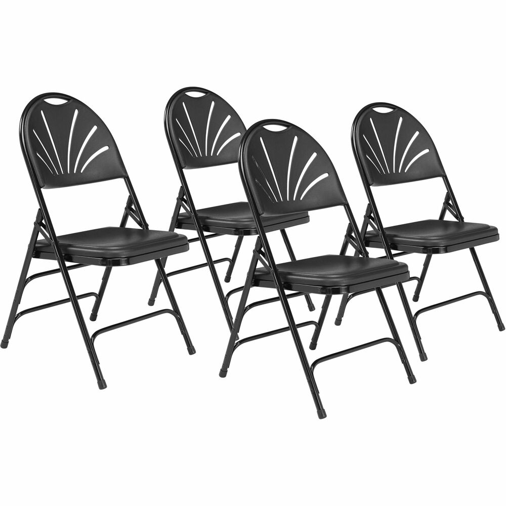NPS1110 - The amazingly comfortable 1100 Series Polyfold Fan-Back Folding Chair offers the perfect solution for both indoor and outdoor seating events, such as meetings, graduations and receptions. This light-weight, institutional-grade chair was made to provide you with the strengths of metal and all the benefits of plastic. The powder-coated, 18-gauge tubular steel frame features three double-riveted U-braces, one in front and two in back, to securely support the double-hinged legs. The large seat and backrest are made of comfortable contoured, color-impregnated plastic to prevent fading and rusting. The attractive radius fan-back provides ergonomic comfort and breathability to provide relief during long presentations. Color-coordinated V-tip stability plugs provide added reinforcement at the frame's junction and matching replaceable glides prevent floor damage. These stack horizontally up to 26 chairs high. The 1100 Series meets MAS Certified Green and ANSI/BIFMA standards.