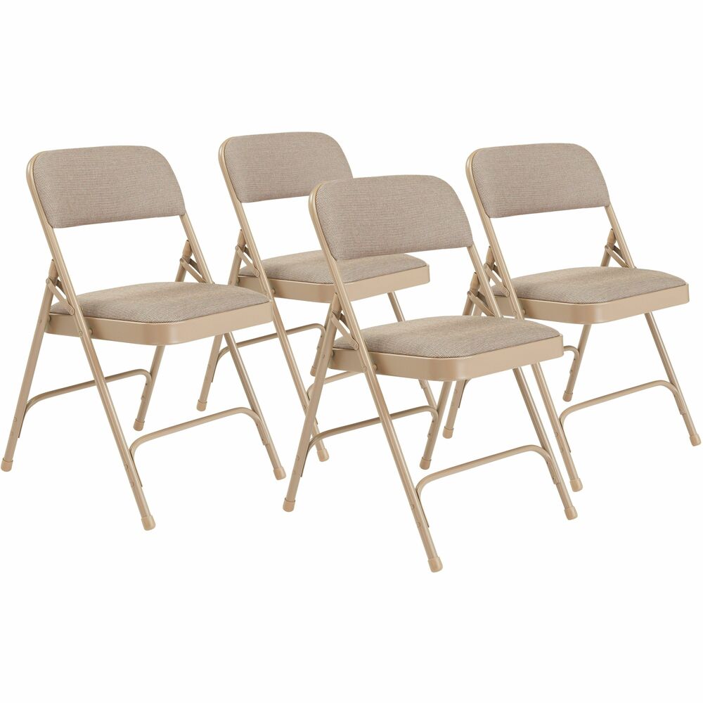 NPS2201 - The 2200 Series Fabric-Upholstered Folding Chair is made with comfort and elegance in mind. The foam seat, measuring 1.25" thick, sits on a sturdy metal frame and is upholstered with stain-resistant, Scotchgarded fabric. This folding chair features a unique full-size, double-contoured backrest, upholstered and firmly secured to the frame by six rivets. The institutional-grade frame is made from heavy-duty, powder-coated 18-gauge round tubing with two U-shaped double-riveted cross-braces, one in front and one in the back, to securely support the double-hinged legs. Color-coordinated V-tip stability plugs provide added reinforcement at the frame's junction and matching replaceable glides prevent floor damage. The 2200 Series meets MAS Certified Green and ANSI/BIFMA standards.