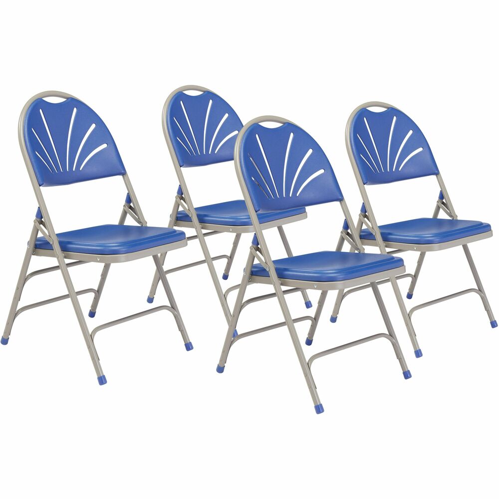 NPS1105 - The amazingly comfortable 1100 Series Polyfold Fan-Back Folding Chair offers the perfect solution for both indoor and outdoor seating events, such as meetings, graduations and receptions. This light-weight, institutional-grade chair was made to provide you with the strengths of metal and all the benefits of plastic. The powder-coated, 18-gauge tubular steel frame features three double-riveted U-braces, one in front and two in back, to securely support the double-hinged legs. The large seat and backrest are made of comfortable contoured, color-impregnated plastic to prevent fading and rusting. The attractive radius fan-back provides ergonomic comfort and breathability to provide relief during long presentations. Color-coordinated V-tip stability plugs provide added reinforcement at the frame's junction and matching replaceable glides prevent floor damage. These stack horizontally up to 26 chairs high. The 1100 Series meets MAS Certified Green and ANSI/BIFMA standards.