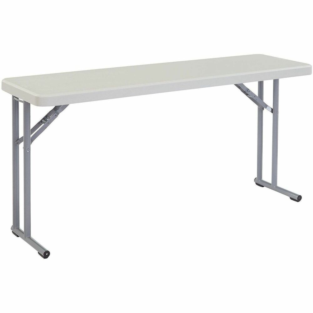 NPSBT1860 - BT1800 Series seminar folding tables provide convenient, usable space ideal for training and conference rooms. Lightweight, scratch-resistant plastic tabletop lets you conveniently store or transport to various rooms and workstations. Material offers heat resistance up to 212 degrees Fahrenheit. Textured, 18-gauge steel frame features leg braces and spring-loaded, push-button closing capability. Sturdy table supports up to 700 lb. Tabletop measures 2" thick.   