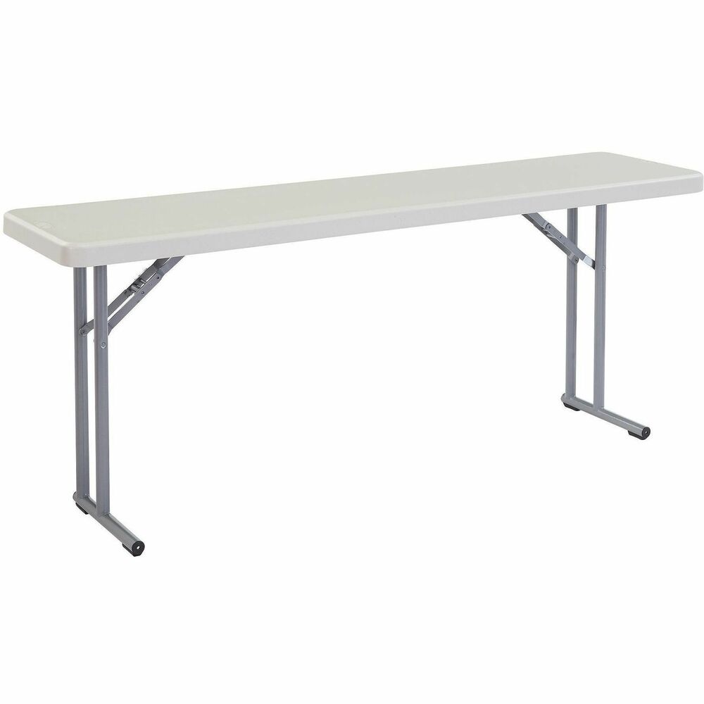 NPSBT1872 - BT1800 Series seminar folding tables provide convenient, usable space ideal for training and conference rooms. Lightweight, scratch-resistant plastic tabletop lets you conveniently store or transport to various rooms and workstations. Material offers heat resistance up to 212 degrees Fahrenheit. Textured, 18-gauge steel frame features leg braces and spring-loaded, push-button closing capability. Sturdy table supports up to 700 lb. Tabletop measures 2" thick.   