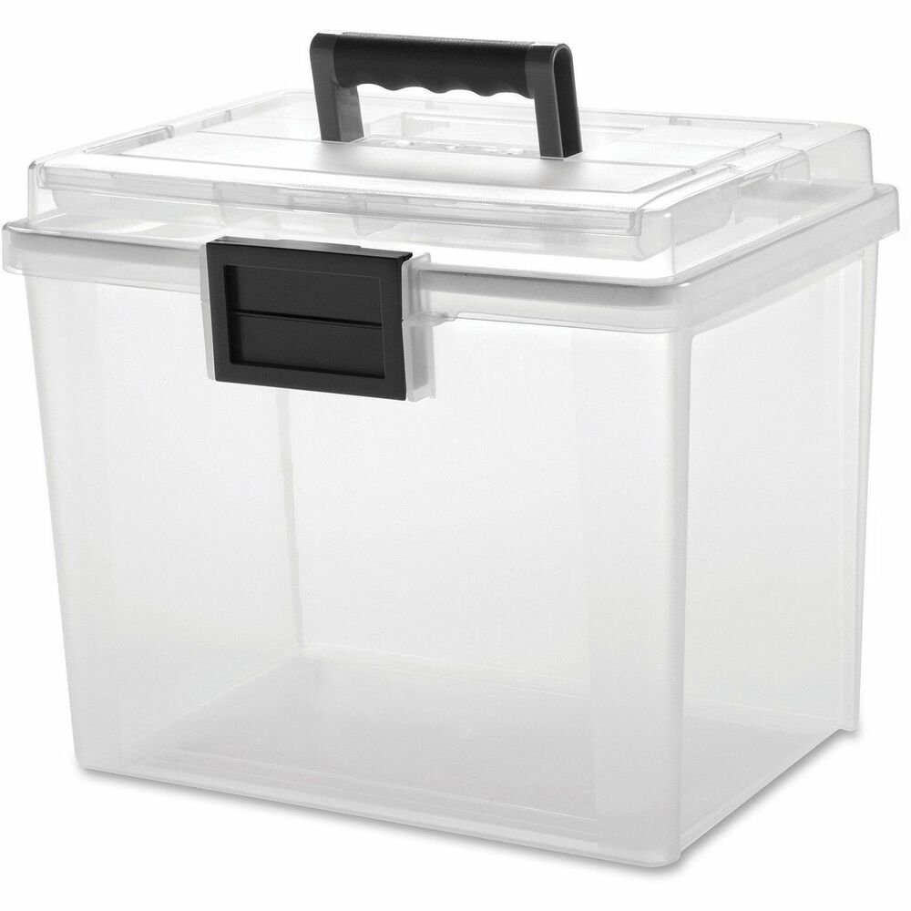 IRS110350 - File box provides a durable, protective storage solution for your valuables and important documents. You can also secure your pens, business cards and filing essentials in the built-in organizer lid. Foam seal helps protect contents from pests, debris, moisture and mildew. File box is designed to hold letter-size hanging files. Heavy-duty, reinforced lid design secures your items inside. Sturdy front latch features a business card holder. Comfortable, soft grip handle provides easy portability. More from the Manufacturer