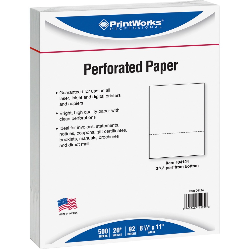 PRB04124 - Horizontally perforated paper delivers consistent results to create high-quality prints. Letter-size paper is designed for use with all laser printers, inkjet printers, digital printers and copiers. Multipurpose design is perfect for printing invoices, billing statements, patient charts and more. Paper is perforated 3-2/3" from the bottom.