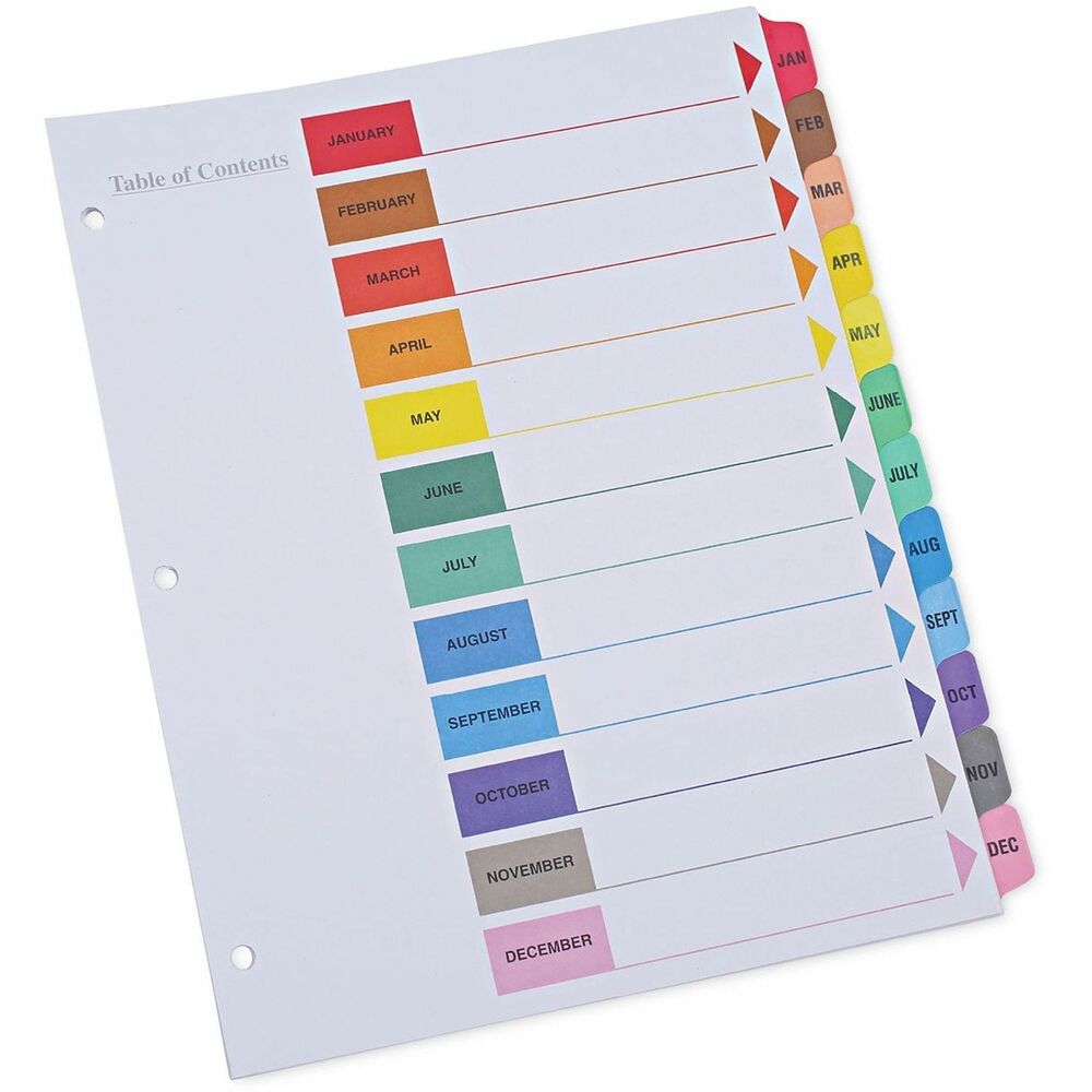 UNV24810 - Organize your proposals, notes, reports, and files with professionally printed Table of Contents dividers. Simply print your selection titles on the Table of Contents page using your laser or inkjet printer. The three-hole punched white dividers feature multicolor laminated tabs and a Mylar reinforced binding edge. Built with enhanced durability to prevent tear out. The built-in holes eliminate the need for a hole punch and ensure the tabs line up perfectly. Adaptable to both portrait and landscape orientations.