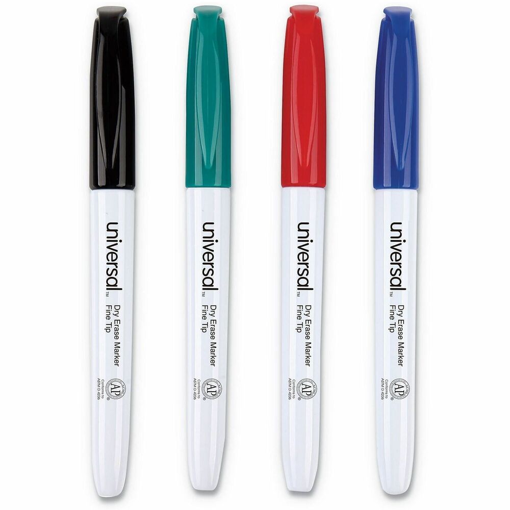 UNV43670 - These dry erase markers have a fine bullet tip that delivers sharp, legible lines, ideal for detailed writing on whiteboards and glass. Low-odor ink dries instantly and erases cleanly, reducing smears and lingering odor. Slim, pen-style barrel with cap clip offers comfortable handling and convenient portability. Non-toxic ink.