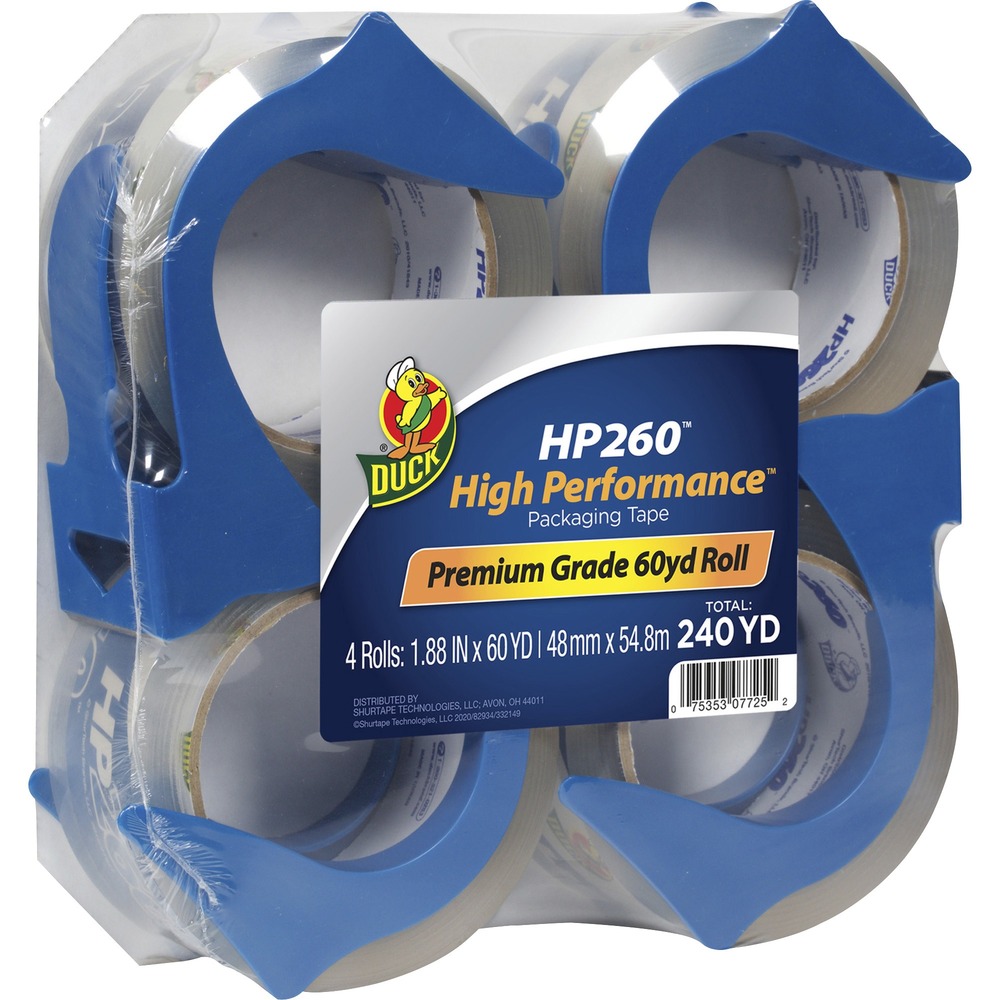 DUC847667 - HP260 commercial high-performance tape is designed to meet the demands of heavy-duty box shipping and long-term storage applications. Ideal for all types of mailing, shipping and storage applications as well as label protection. 3.1 mil thick tape meets all U.S. Postal regulations. Temperature endurance ranges from 14 degrees to 140 degrees Fahrenheit. Acrylic adhesive delivers ultraviolet resistance that eliminates yellowing and substantially increases shelf life. Tape has a 3" core and comes with reusable dispensers.