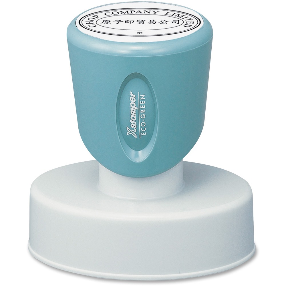 XSTN57 - Pre-inked with your choice of a variety of colors, this oval stamp with a short handle is great for company logo stamps and design stamps. You also get to choose from more than 35 fonts. It dispenses 50,000 impressions before it needs re-inking. Impression size is 1-3/16" x 1-3/4". Ergonomic, ABS plastic handle is designed for durability. The laser-engraved rubber makes this stamp strong and durable for years of use. Use Xstamper Refill Ink only. Use of any other ink will void out the warranty. Color choices include red, black, blue, green, purple, orange, light blue, light green, pink and yellow.
