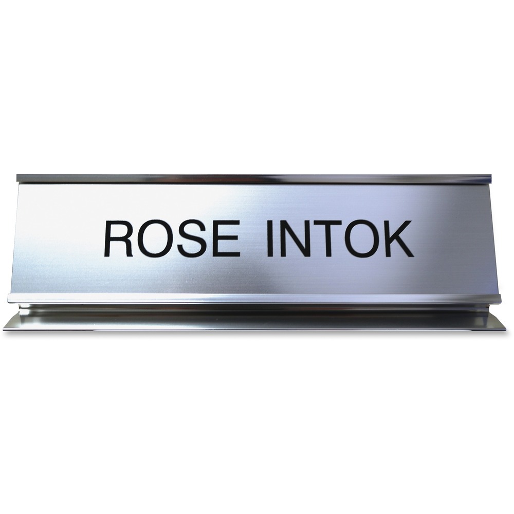 XSTK51 - Desk sign with a pedestal can show off your name or significant message. Choose from more than 35 fonts and more than 30 plastic insert colors. Contact customer service to customize your anodized aluminum, 2" x 8" sign with a silver frame.