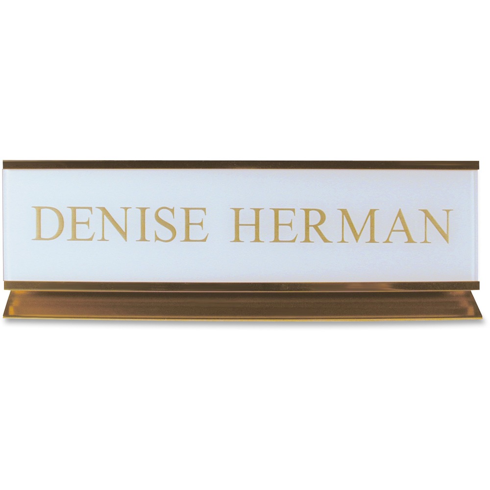 XSTK50 - Desk sign with a pedestal can show off your name or significant message. Choose from more than 35 fonts and more than 30 insert plastic colors. Contact customer service to customize your anodized aluminum, 2" x 8" sign with a gold frame.