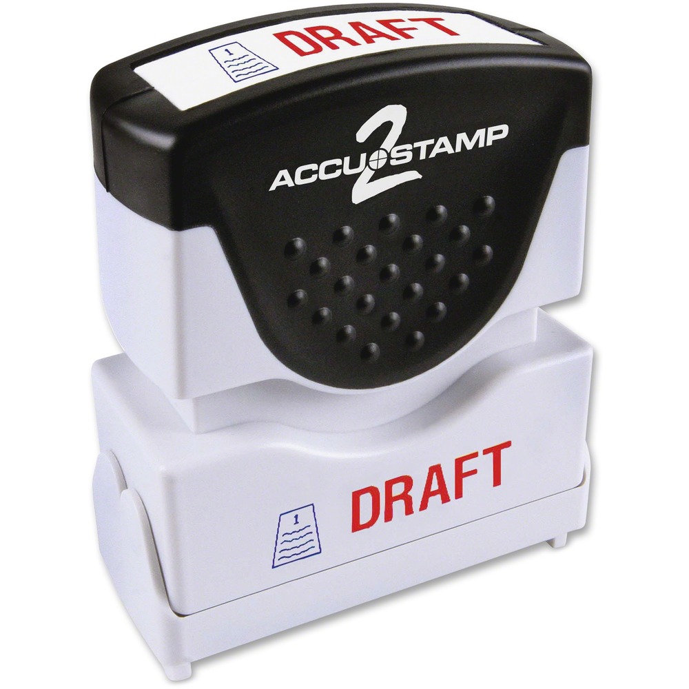COS035542 - Message stamp creates an impression of the phrase "DRAFT" next to a unique image using red and blue ink. Dust cover automatically opens and closes for quick use. Microban antimicrobial protection prevents the growth of stain-causing and odor-causing bacteria. Pre-inked design is re-inkable and allows you to make up to 50,000 impressions. Rubber grip provides a comfortable grip during extended use.