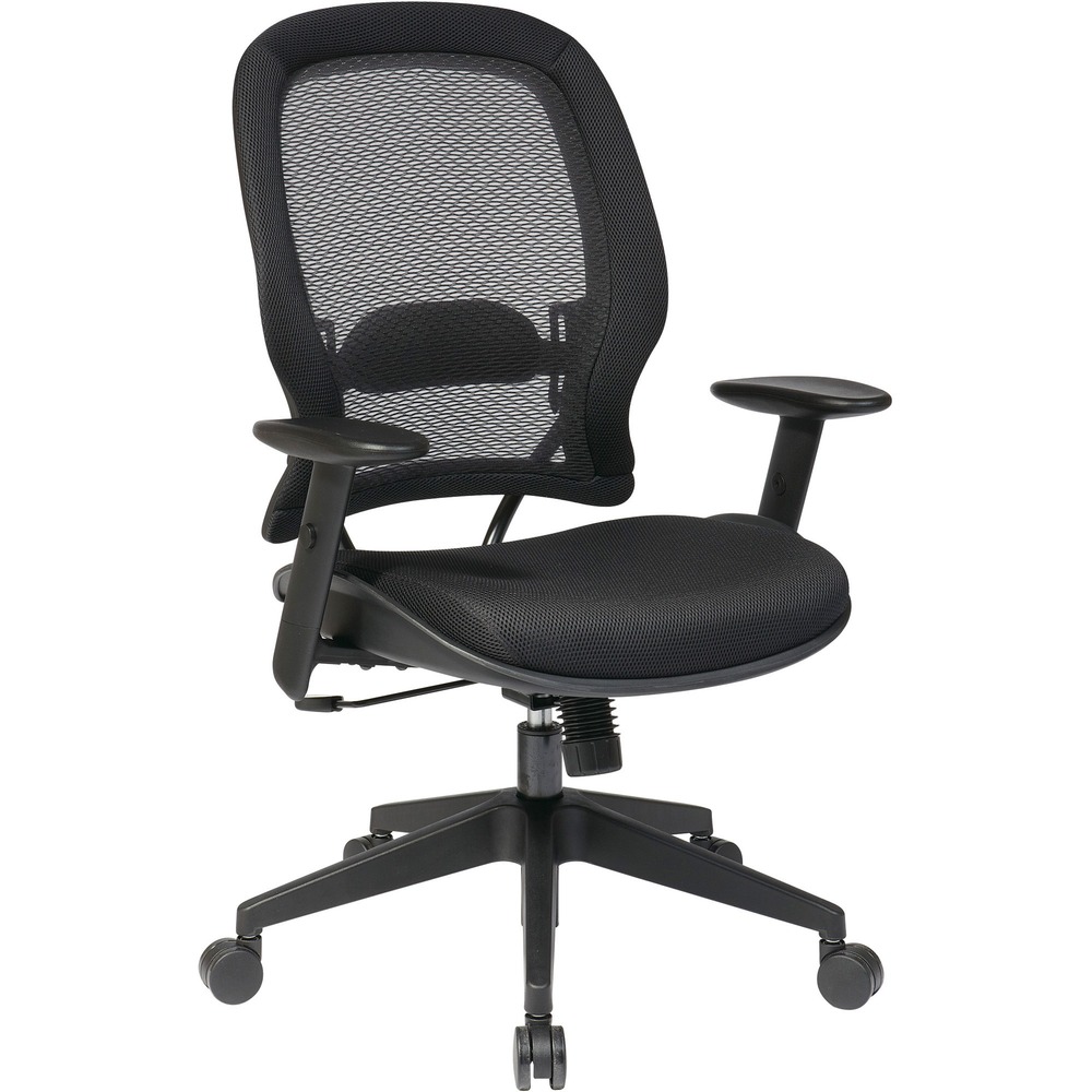 OSP5540 - AirGrid Back and Mesh Seat Managers Chair features active lumbar support and a mesh screen back. Mesh screen back provides increased breathability while adjustable, padded lumbar support maintains the natural curve of your spine. Functions include one-touch pneumatic seat-height adjustment, 360-degree swivel, tilt, tilt tension, tilt lock and synchronized knee tilt (2-to-1 synchro tilt). Headrest adjusts in height and depth. Arms have soft pads and adjust in height. High-back chair features a thickly padded contoured mesh seat, heavy-duty metal base, and oversized, dual-wheel carpet casters.