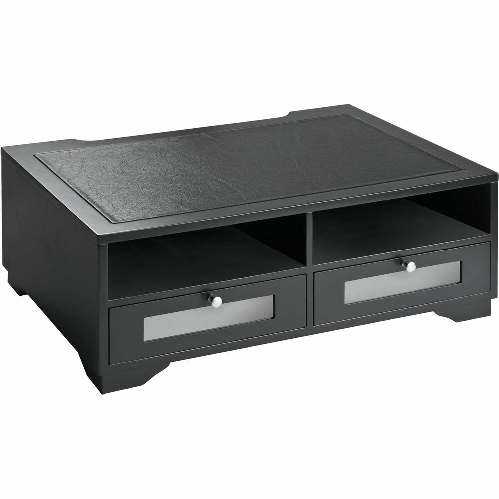 VCT11305 - Part of the Midnight Black Collection, this printer stand brings a fresh perspective to desk accessories by offering functional solutions with appealing design elements. Two shelves accommodate paper reams or folders. Two drawers can be placed in any of the four locations providing flexible storage for printer supplies. Rear access space helps manage cables and allows a flush positioning against the wall. Sturdy 18.9 lb. wood construction features a durable, double-coated matte black finish. Brushed metal handles, faux-leather top and frosted glass windows add a touch of class. Nonslip rubber feet reduce movement and protect your worksurface from scratches and scuffs. Large 21-3/4" x 15-1/4" x 7-3/45" design holds desktop printers, monitors, fax, postage, or other office machines. Stand is perfect for use either at home or in the office. More from the Manufacturer