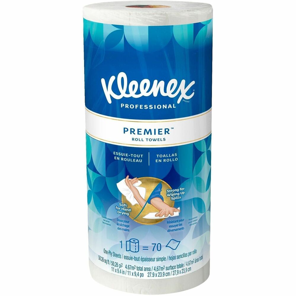 KCC13964 - Kleenex Premiere Kitchen Paper Towels deliver a premium, cloth-like feel and a strong construction that works work well for scrubbing and wiping up spills. Even though these premium kitchen towels are tough on cleaning tasks, the cloth-like material is soft on your skin. Each one-ply sheet (10-2/5" x 11") is designed for tear-resistance, absorbency and durability. Each perforated roll includes 70 sheets. They're soft enough to use at home or for a home business, but strong enough for commercial uses.