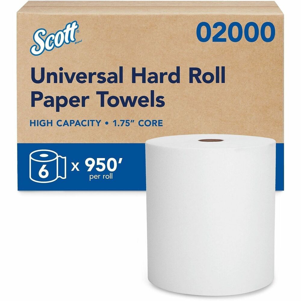 KCC02000 - Scott Hard Roll Paper Towels with fast-drying Absorbency Pockets provide efficient, reliable hand-drying for your washroom or breakroom. High-capacity rolls have a 1.75" core and are compatible with most universal-roll paper towel dispensers and a variety of Kimberly-Clark Professional dispensers (none included). Paper towels are designed to reduce maintenance time, runouts and complaints. Absorbent, recycled paper towels are perfect for efficient, general-purpose cleaning and drying so your employees and guests will use less and waste less.