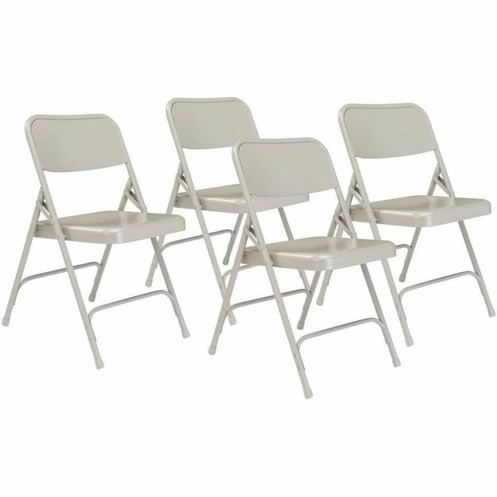 NPS202 - The 200 Series Premium All-Steel Folding Chair features a heavy-duty, powder-coated 18-gauge tubular frame with a 2 -1/4" frame strengthener on each side of the seat. Two double-riveted U-braces, one in front and one in back, securely support the double-hinged legs. The seat is designed with a waterfall-style front for added comfort. A supportive full-sized, double-contoured backrest features curled safety edges and is electromagnetically tack-welded to the frame. Color-coordinated V-tip stability plugs provide added reinforcement at the frame's junction and matching replaceable glides prevent floor damage. The 200 Series meets MAS Certified Green and ANSI/BIFMA standards.