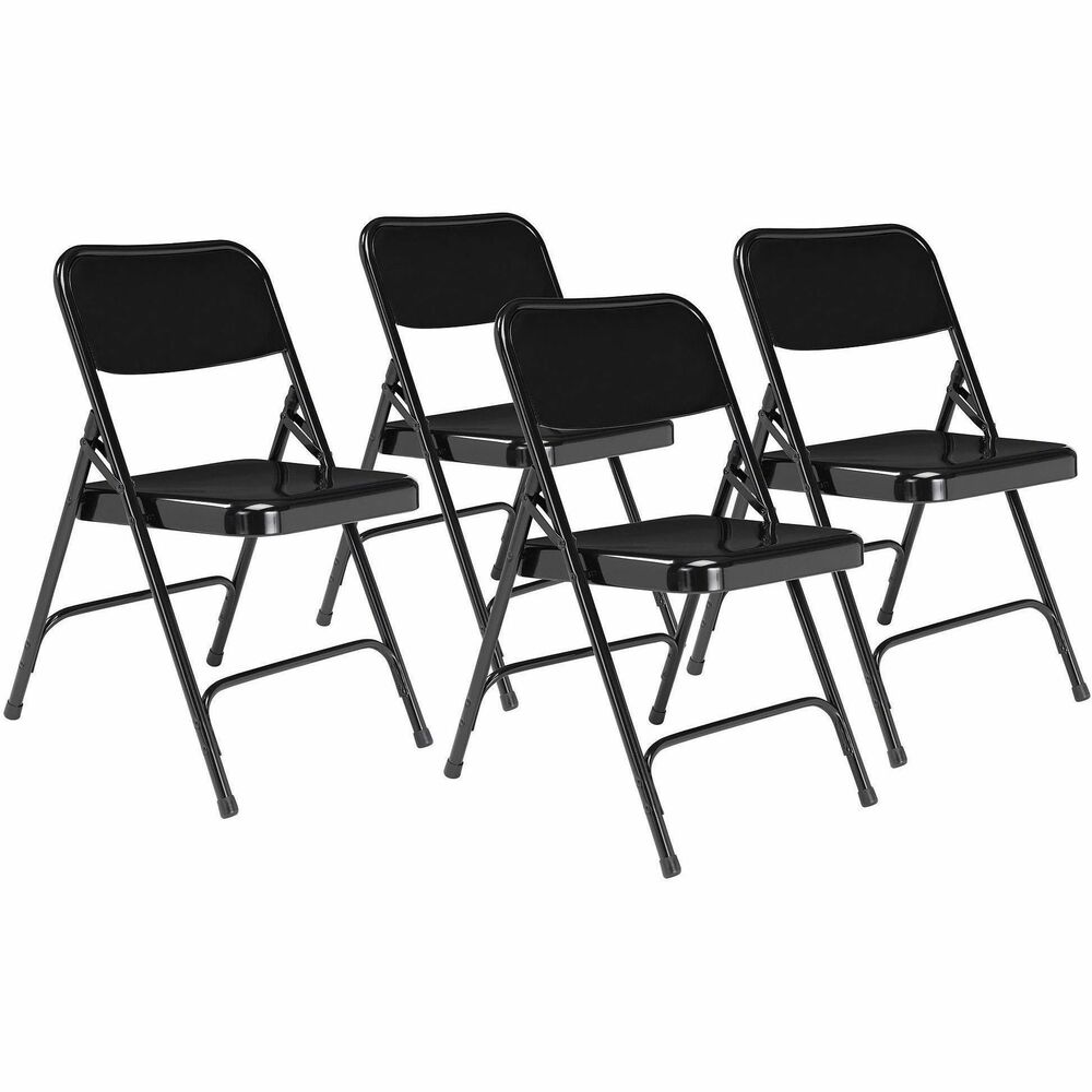 NPS210 - The 200 Series Premium All-Steel Folding Chair features a heavy-duty, powder-coated 18-gauge tubular frame with a 2 -1/4" frame strengthener on each side of the seat. Two double-riveted U-braces, one in front and one in back, securely support the double-hinged legs. The seat is designed with a waterfall-style front for added comfort. A supportive full-sized, double-contoured backrest features curled safety edges and is electromagnetically tack-welded to the frame. Color-coordinated V-tip stability plugs provide added reinforcement at the frame's junction and matching replaceable glides prevent floor damage. The 200 Series meets MAS Certified Green and ANSI/BIFMA standards.