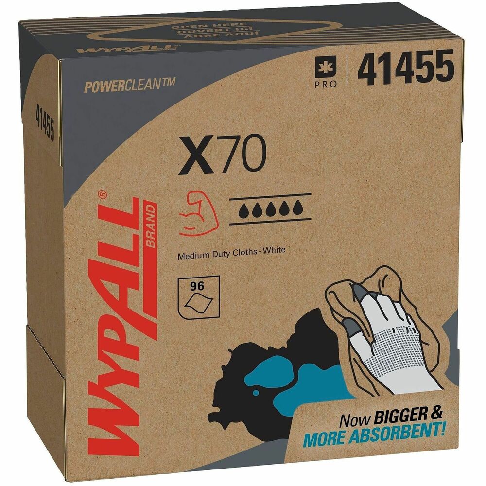 KCC41455 - WypAll X70 are heavy-duty cloths with high-tech, HydroKnit fast-absorbing material. WypAll X70 premium industrial cloths are made of soft pulp fibers, bonded to a polypropylene base sheet for absorbency and tear-resistance, making them suitable for removing dirt, oil, grime and solvents in a variety of industrial and manufacturing industries. Plus, they come in an innovative, pop-up box dispenser and are so sturdy that they can often be used more than once. They are designed to clean surfaces and tools, making them a must-have for the HVAC, automotive, manufacturing and industrial industries. More from the Manufacturer