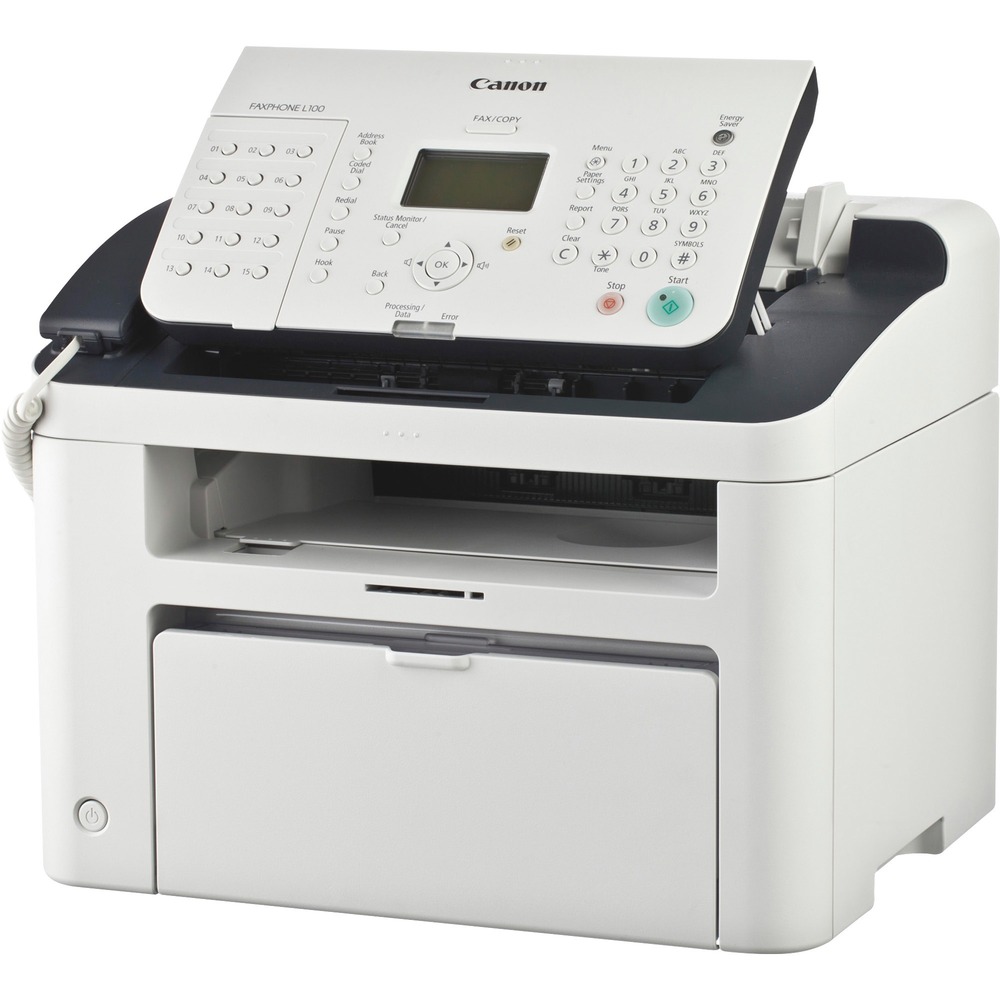 CNML100 - Fax machine consolidates a laser fax machine, laser printer and digital copier into one durable machine that delivers a quality laser performance. The cost-effective Faxphone L100 offers a 19-page-per-minute laser print engine, 30-sheet automatic document feeder, Super G3 fax technology (33.6Kbps), telephone handset and large, 512-page fax memory. The 30 one-touch speed dials and 100 coded dials provide a comprehensive address book. Print 19 black/white pages per minute with up to 500 x 400 dpi (1200 x 600 dpi quality). Quick first print arrives in just 8 seconds. Maximum print size is legal-size. The intelligent Energy Saver Mode reduces your power consumption to approximately 1.4 watts of energy to meet Energy Star guidelines, helping you save money on energy costs. Fax machine also offers a 64MB memory, 150-sheet input tray, copy scaling from 50 to 200 percent, standard interface of USB Device 2.0 Hi-Speed, and Single Cartridge System for easy supply replenishment.