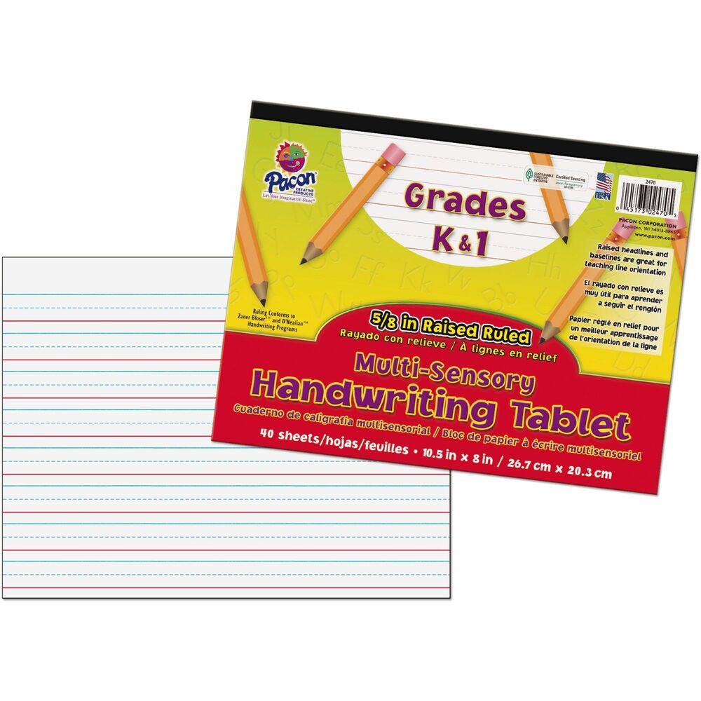 Pacon® Grades K-1 Multi-sensory Handwriting Tablet - 40 Sheets - Wide Ruled Front Ruling - 8" x 10 1/2" Sheet Size - White Paper - Chipboard Cover - 1 Pad