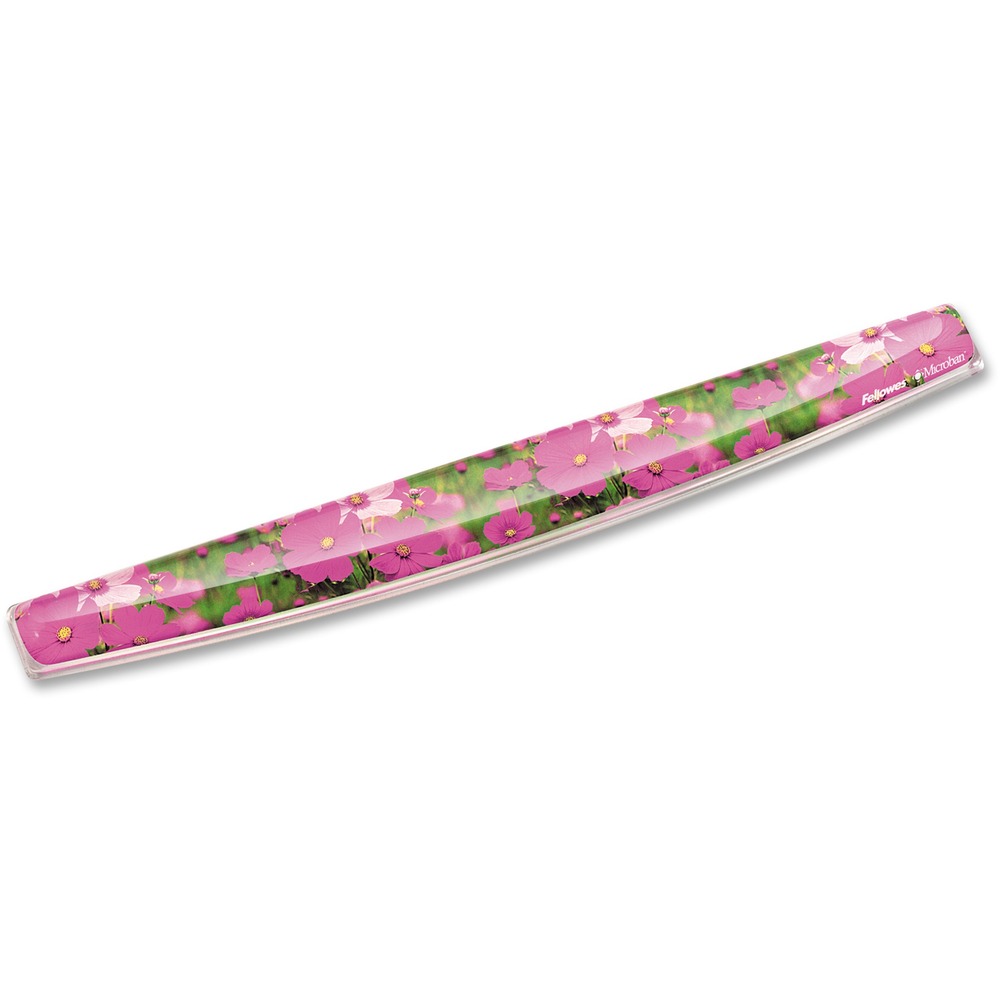 FEL9179101 - Keep your wrist aligned and express your style with this flower photo gel keyboard wrist support. The Fellowes Photo Gel ergonomic 9179101 keyboard wrist rest in pink flowers print, uses self-adjusting gel to provide superior comfort and softness to help in relieving wrist pressure. The MICROBAN antimicrobial protection helps keep your product cleaner. The stain-resistant polyurethane covering is easy to clean. The non-skid rubber backing keeps the pad in place. More from the Manufacturer