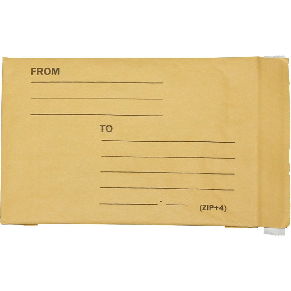 NSN1179860 - Bubble-lined mailers provide excellent cushioning protection for semi-fragile items. Fully laminated Kraft and air cellular construction make it puncture-resistant and water-resistant. Printable double Kraft material is used on the outside of each mailer. Self-adhesive flap closure extends the entire width of the envelope and requires no moistening to seal. Seamless bottom affords additional cushioning protection along with greater overall strength and safety. Mailers are made from 100 percent recycled paper with 10 percent post-consumer content. Bubble cushioning contains 10 percent recycled plastics.