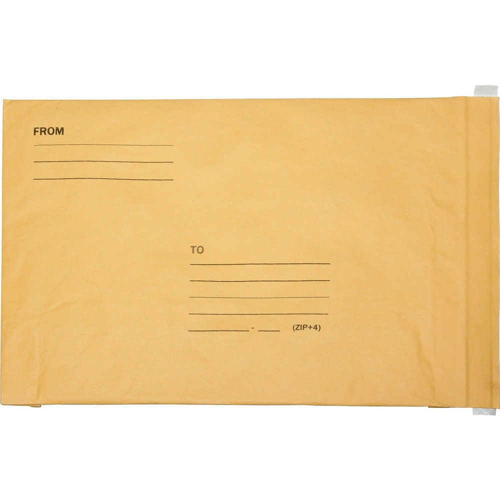 NSN1179881 - Bubble-lined mailers provide excellent cushioning protection for semi-fragile items. Fully laminated Kraft and air cellular construction make it puncture-resistant and water-resistant. Printable double Kraft material is used on the outside of each mailer. Self-adhesive flap closure extends the entire width of the envelope and requires no moistening to seal. Seamless bottom affords additional cushioning protection along with greater overall strength and safety. Mailers are made from 100 percent recycled paper with 10 percent post-consumer content. Bubble cushioning contains 10 percent recycled plastics.