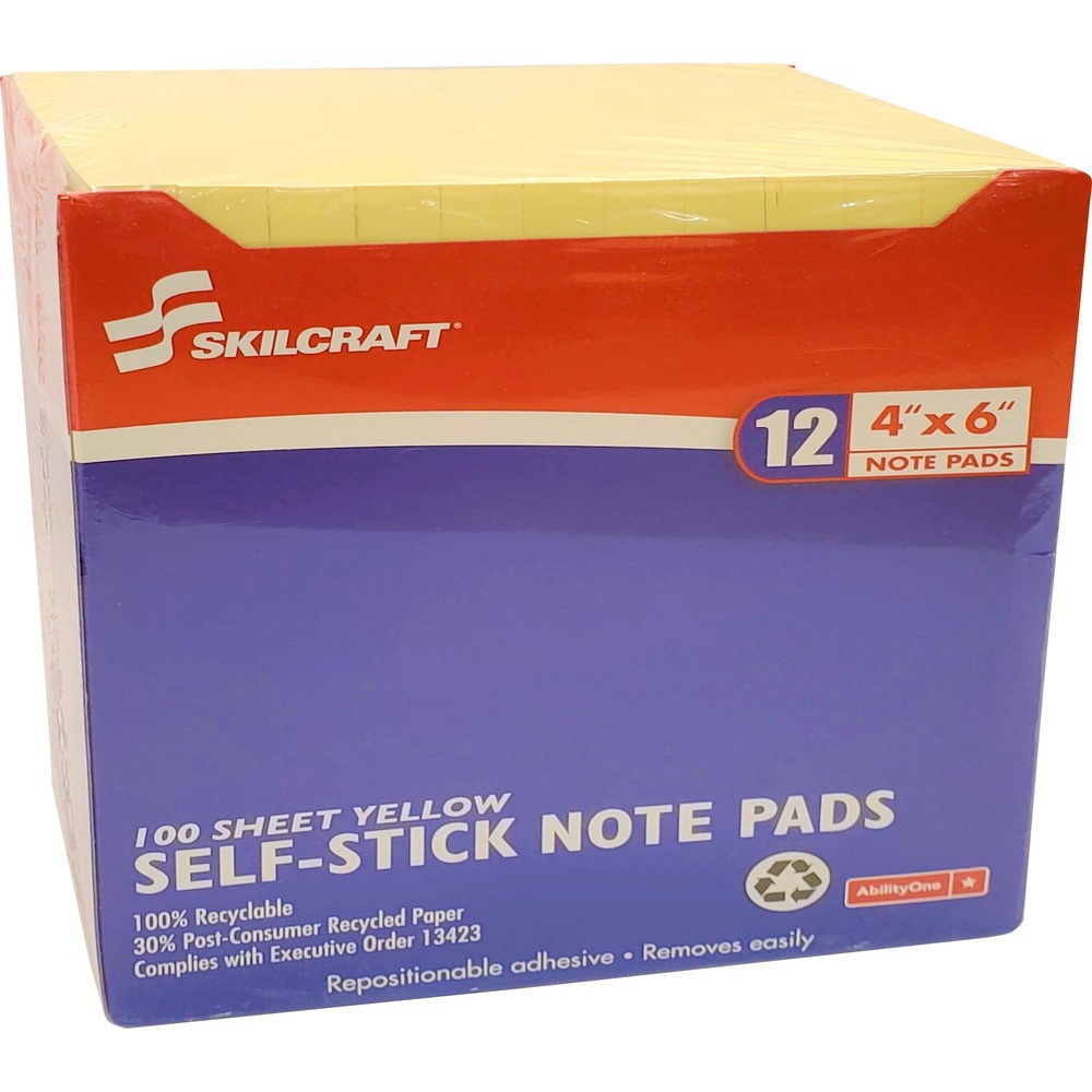 NSN2858355 - Made using quality 3M materials, self-stick notes stick securely and are repositionable. Hi-Visibility Yellow helps your message stand out. These notepads come in a convenient cabinet pack so your office supply cabinet stays neat and organized. Each pad includes 100 sheets. Self-stick notes are recyclable and made with at least a minimum of 30 percent post-consumer recycled materials. They are produced by Americans who are blind. Purchasing this AbilityOne mandatory source product ensures your compliance with federal procurement regulations.