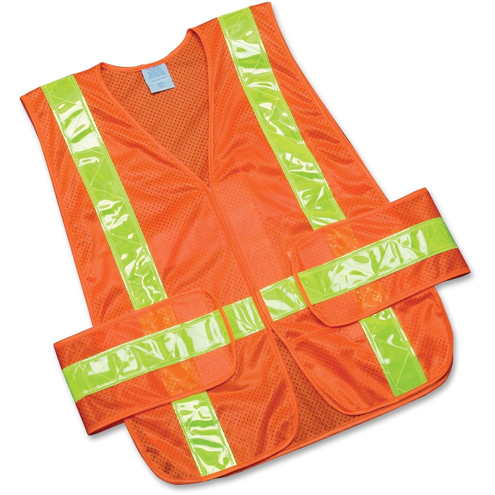NSN5984873 - Safety vest provides 360-degree visibility with high-visibility 3M Scotchlite reflective tape placed vertically and horizontally on front and back. Safety vest is Class 2 ANSI 107-2010 compliant and recommended for railway, construction, utility workers and survey crews. Base material is made of lightweight, breathable, polyester mesh fabric with matching hook-and-loop closure. Front has various pockets for convenience. Design is one size fits all. Safety vest is machine-washable.