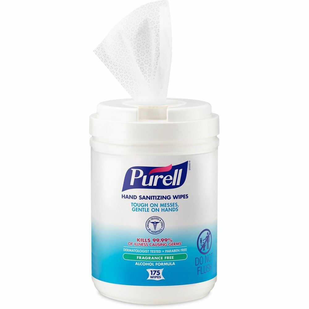 GOJ903106 - Sanitizing wipes with moisturizers are equipped with the PURELL Instant Hand Sanitizer that kills 99.99 percent of most common germs that may make you sick. Antiseptic hand sanitizer helps prevent cross-contamination to reduce the risk of infections. Fragrance-free, dye-free formula contains Vitamin A and E and leaves no stickiness or residue on hands. The nonlinting, durable, textured wipe removes light soils and dirt from hands. Dermatologist-tested wipes are hypoallergenic and nonirritating. Alcohol formulation wipes meet FDA requirements for Food Code Compliant.