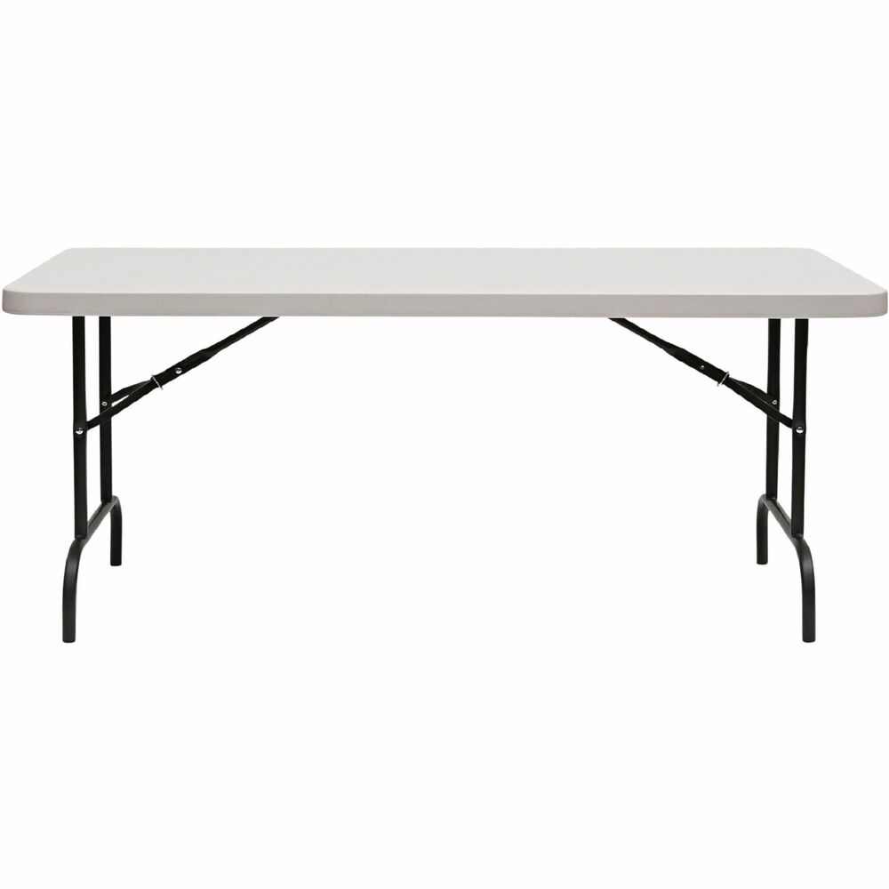 ICE65513 - IndestrucTable Commercial Folding Table handles events indoors and outdoors. It is easy to set up, take down and transport. This commercial-grade table can be used in schools, offices, hospitality and banquets. Strong steel frame holds up to 1,000 lb. evenly distributed. The 2" blow-molded, high-density polyethylene top is dent-resistant, scratch-resistant and easy to clean. Square edge lets your cloth hang straight. Gray, powder-coated, 1" round tubing legs with bracing deliver extra strength and stability. Nonmar feet protect your floors. Legs fold into recessed channels for compact storage and nest with similar tables to maximize storage space.