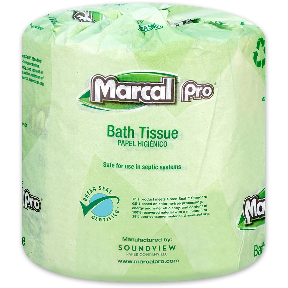 MRC5001 - Recycled, Green Seal certified, bathroom tissue is whitened without chemicals containing chlorine bleach and has no added dyes or fragrances. It is hypoallergenic, soft, strong and absorbent. Septic-safe, virtually lint-free tissues are individually wrapped rolls for convenient, sanitary storage. Each long-lasting roll includes 500 sheets. Eco-friendly design is made with a high percentage of recycled material to reduce impact on the ecosystem.