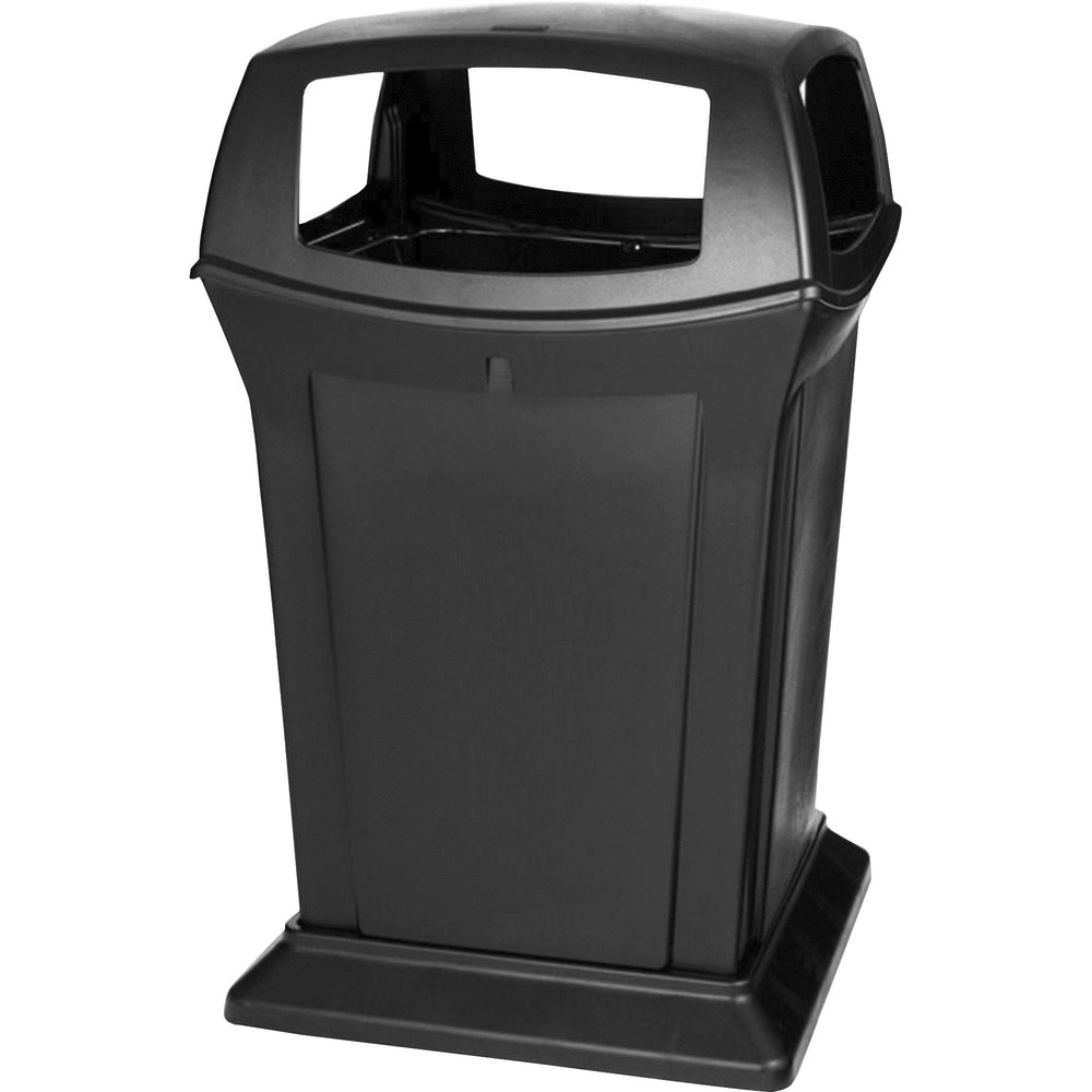 RCP917388BLA - Ranger waste container offers durability, modern styling and easy-to-service design for outdoor use. It is designed for stadiums, parks, shopping malls and other high-traffic areas. Four openings create plenty of area for passersby to throw away their garbage. Capacity is 45 gallons. Permanently attached hinged lid allows easy emptying. Base ring provides stability and security.