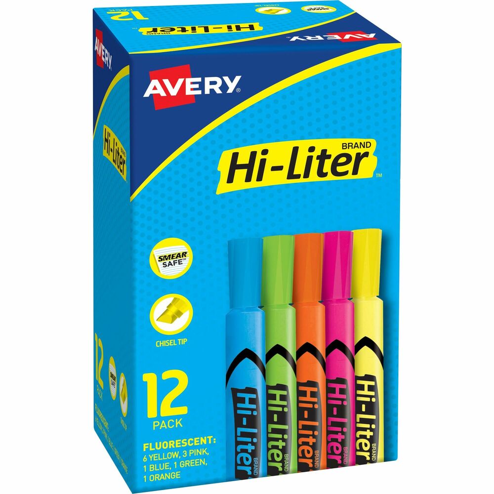 AVE98034 - Call out bright ideas with appropriately bright colors of this Hi-Liter set. You can mark key words and phrases with brilliant fluorescent yellow, blue, green, orange and pink inks that are nontoxic. Molded chisel tip lets you highlight or underline, and the durable plastic material won't fray or mush. A faceted barrel provides a comfortable grip so you can wield the highlighter with ease as you mark documents, notes, books and more. Improved formula means you can leave the cap off for up to a week and still highlight with ease. Assorted fluorescent colors include one blue, one green, one orange, three pink and six yellow. ACMI certified highlighters conform to ASTM D 4236. More from the Manufacturer