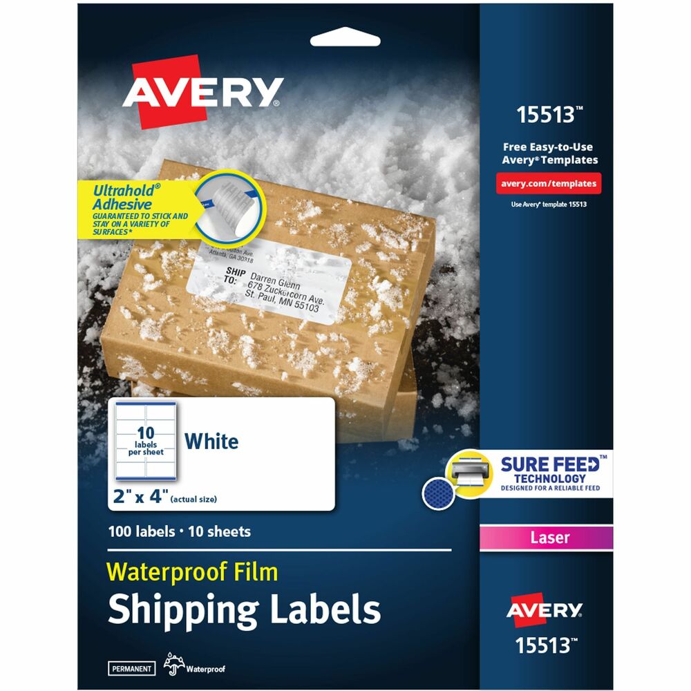 AVE15513 - These WeatherProof Mailing Labels with TrueBlock technology are made of durable polyester to stand up against harsh weather and conditions. They resist moisture, scuffing, tearing and smudging. The Ultrahold Adhesive sticks to tough surfaces ensuring your label won't fall off your package. With TrueBlock technology, the labels completely cover everything underneath so you can reuse boxes, mailing tubes, envelopes and more. Compatible with laser printers, the labels are simple to customize with sharp, clear text using free online templates and designs. More from the Manufacturer