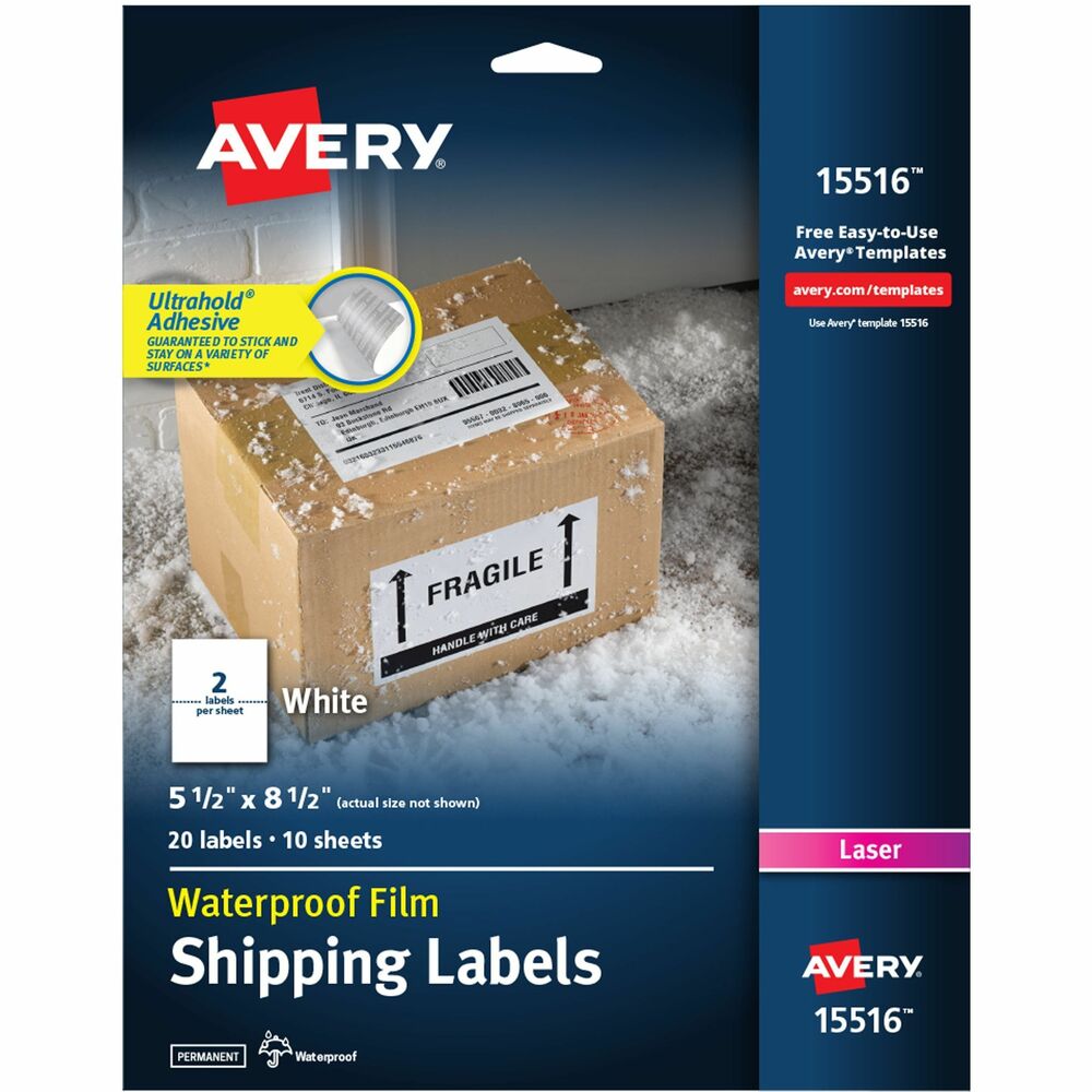 AVE15516 - These WeatherProof Mailing Labels with TrueBlock technology are made of durable polyester to stand up against harsh weather and conditions. They resist moisture, scuffing, tearing and smudging. The Ultrahold Adhesive sticks to tough surfaces ensuring your label won't fall off your package. With TrueBlock technology, the labels completely cover everything underneath so you can reuse boxes, mailing tubes, envelopes and more. Compatible with laser printers, the labels are simple to customize with sharp, clear text using free online templates and designs. More from the Manufacturer