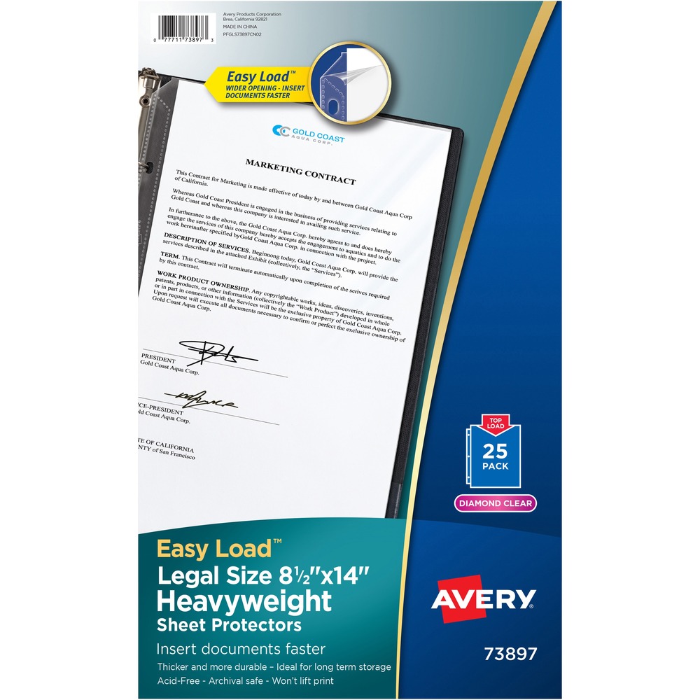 AVE73897 - Safeguard your documents with heavyweight sheet protectors. Easy Load feature provides a wide top opening so papers slide easily into place. Diamond-clear material delivers a crisp view of your presentation as well as durable protection so you can protect it and show it off. The clear binding edge adds a professional look to your presentations and other documents. The edge is also three-hole punched for easy insertion into three-ring binders. Each polypropylene sheet protector holds one sheet of legal-size paper. More from the Manufacturer