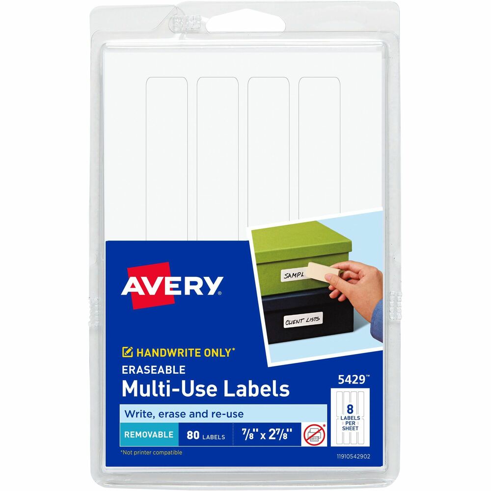 AVE05429 - Now you can handwrite, erase and write again with these Erasable Multiuse Labels. Just use a permanent marker to write on the label, and when you need a change, simply use a white eraser to remove your writing. These durable labels are great for plastic storage containers, cardboard boxes and file storage. They stick on plastic, paper, glass, metal, vinyl and more. For constantly changing contents, these labels are the perfect organization solution. Each sheet includes eight labels (2-7/8" x 7/8"). Each pack contains 80 labels.
