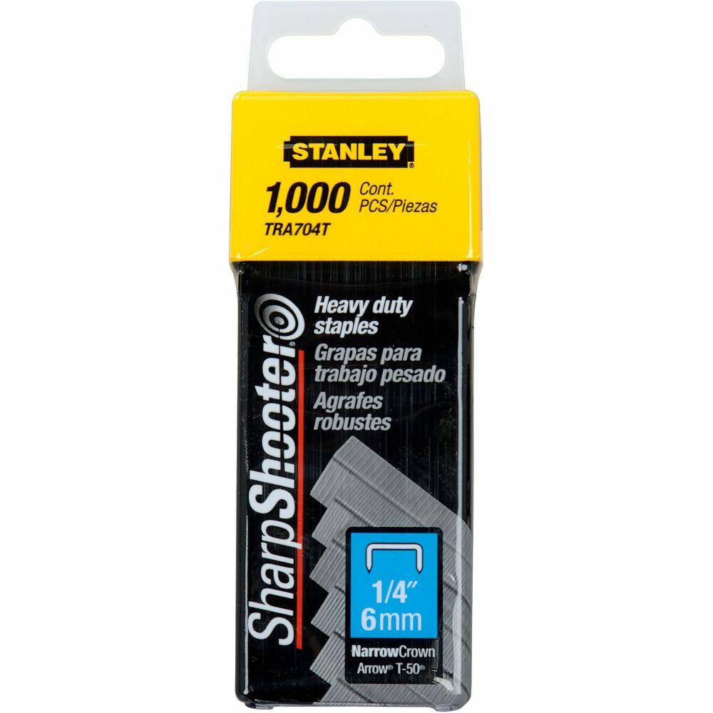 BOSTRA704T - Heavy-duty Tacker Staples deliver supreme performance for heavy-duty stapling tasks. They come in a rugged plastic package for lasting protection and storage. Color-coded packaging makes it easy to select the right size staple for the job. Leg length is 1/4". Staples are designed for use with the Stanley SharpShooter Heavy-duty Staple Gun (TR150).