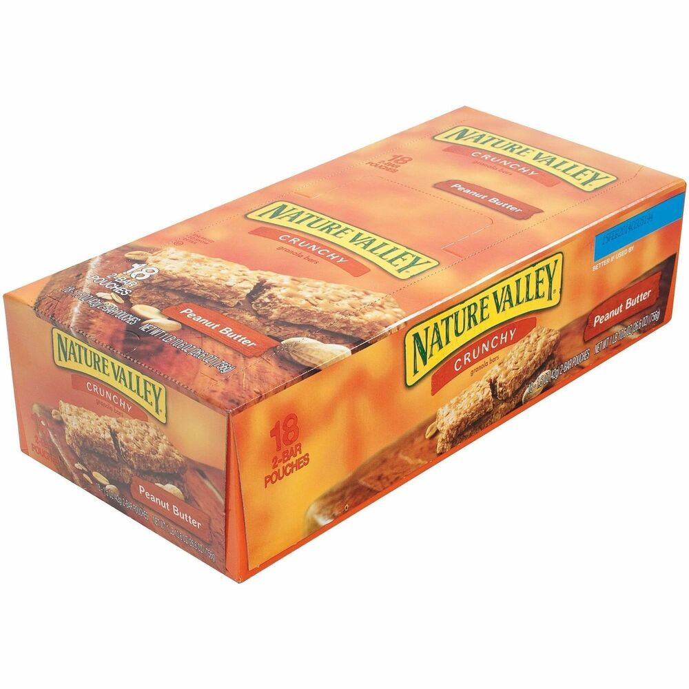 GNMSN3355 - On-demand energy satisfies with rich, creamy peanut butter drizzled over 100 percent natural whole grain oats. Nature Valley Peanut Butter Bars deliver energy from pure and natural ingredients and excellent source of whole grain. Two-bar pouches are great for the breakroom or on-the-go.
