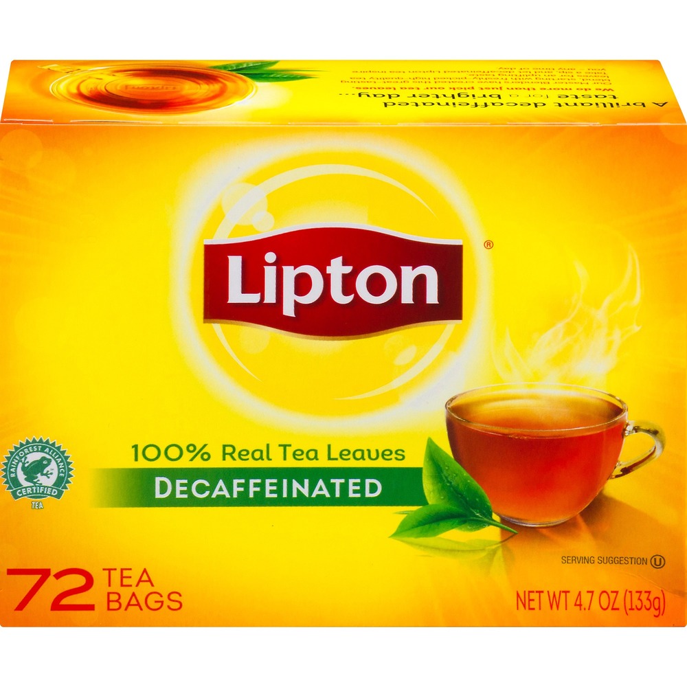 LIP290 - Lipton Tea Bags make a delicious classic decaffeinated beverage and deliver an exceptionally pure tea flavor and aroma. Each tea bag is individually wrapped. 100 percent natural, Rainforest Alliance Certified black tea is perfectly blended for optimal taste and made with orange pekoe and pekoe cut black tea. Lipton tea is calorie-free (when unsweetened) and has no additives or colors. Simply add boiling water and brew for 3 to 5 minutes. Sweeten to taste.