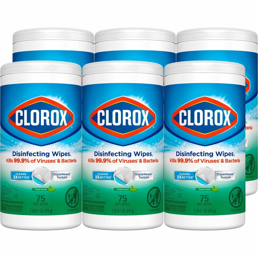 CLO01656 - Clorox Disinfecting Wipes clean, disinfect, deodorize and remove allergens for five times the cleaning power and leave behind a pleasant, fresh scent. Wipes clean and disinfect with antibacterial power that kills 99.9 percent of viruses and bacteria that can live on hard, nonporous surfaces, including COVID-19 Virus, staph, E. coli, MRSA, salmonella, strep and Kleb. These all-purpose, disposable wipes remove common allergens, germs and messes on surfaces like kitchen counters, bathroom surfaces and more and can prevent the growth of odor-causing bacteria on nonfood-contact surfaces for up to 24 hours. Wipes are safe to use on finished wood, sealed granite and stainless steel. Clean with bleach-free wipes to keep dirt and germs away. Use as directed and allow surfaces to air-dry. More from the Manufacturer