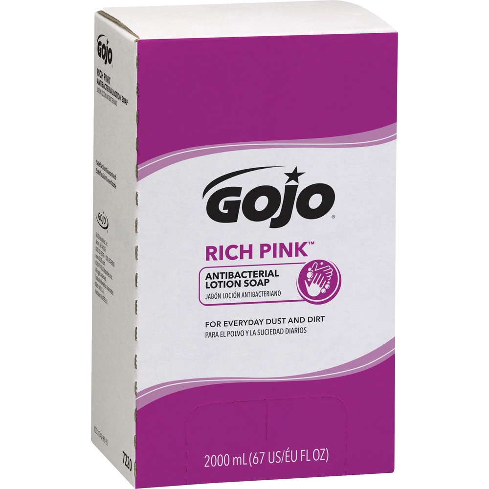 GOJ722004 - A high-performance, gentle antibacterial lotion soap is designed to remove light soils. Use with GOJO Pro TDX Dispensers. Portion control helps reduce waste. Sanitary Sealed refill locks out germs. It is easy to load, store and handle. Rich Pink Antibacterial Lotion Soap includes a fresh dispensing valve.