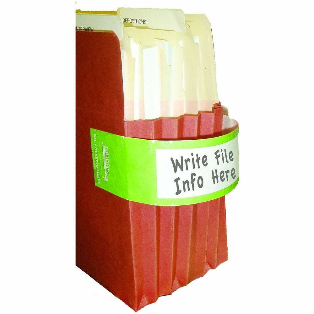 TAB68809 - Retrieve your file pockets with ease from any shelf with these handles. Tear-resistant Tyvek prevents the gussets from tearing for long-lasting use. Plus, the handles come with a suggested placement guideline for the three most popular expansions for file pockets: 1-3/4" , 3-1/2" and 5-1/4". When used with multiple colors, you can easily color-code your file pockets by attorney, client area of law, jurisdiction, year or court for easy identification and quick retrieval.