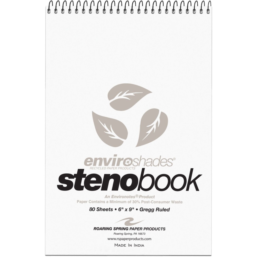 ROA12274 - Brighten up your desk with steno books containing gray paper. Smooth writing paper is Gregg-ruled with a center line in gray ink. Recycled paper contains post-consumer content. Covers are printed on a heavy-duty board to keep the paper inside protected. Wire ends are coil-locked for snag-proof performance.