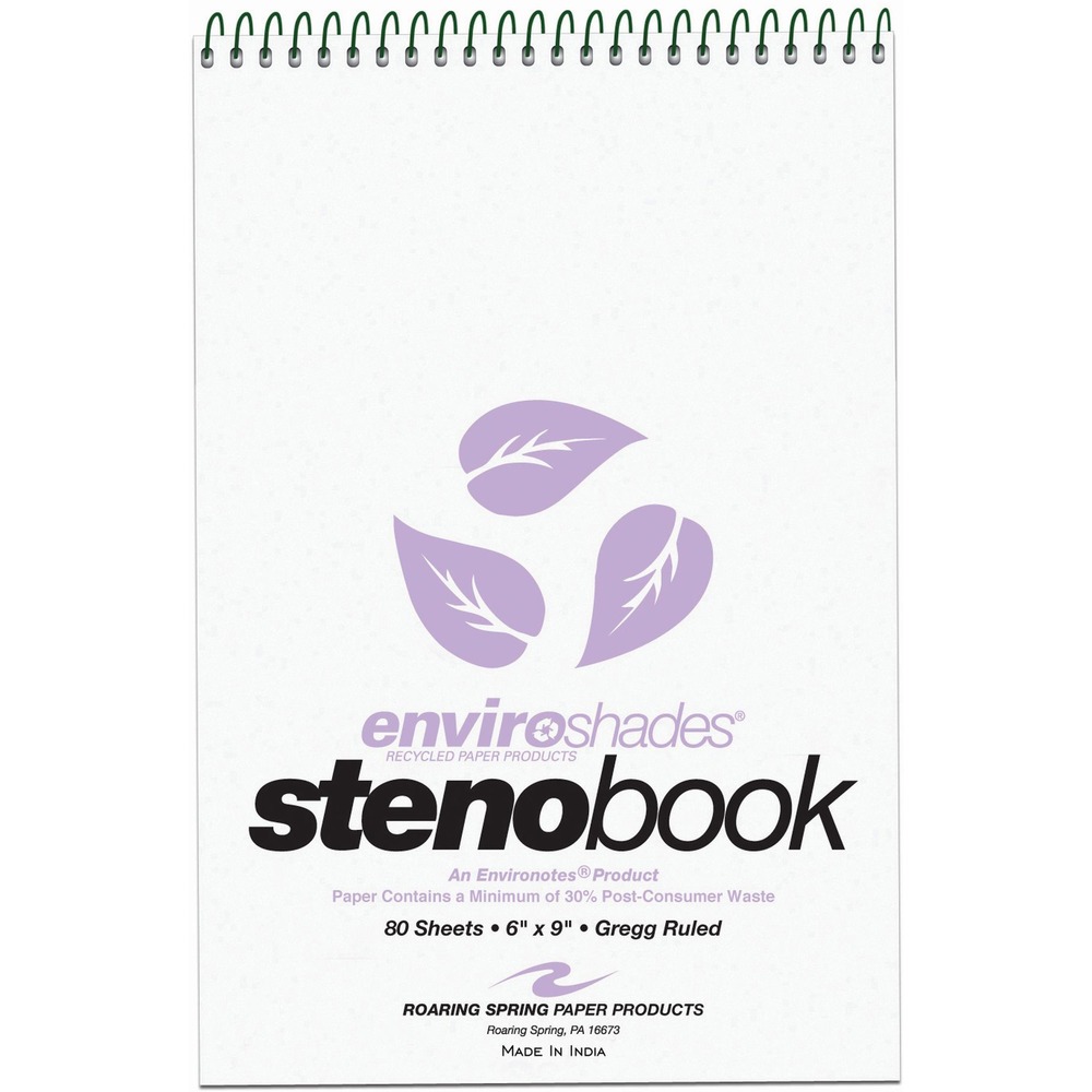 ROA12264 - Brighten up your desk with steno books containing orchid-colored paper. Smooth writing paper is Gregg-ruled with a center line in gray ink. Recycled paper contains post-consumer content. Covers are printed on a heavy-duty board to keep the paper inside protected. Wire ends are coil-locked for snag-proof performance.
