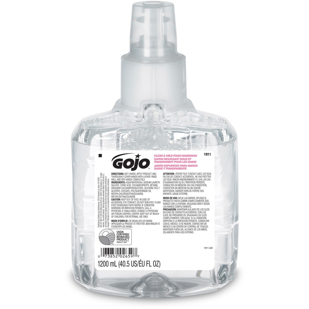 GOJ191102 - Refill of spa-inspired, foam handwash is designed for GOJO LTX-12 Dispensers and delivers luxurious foam lather in a fragrance-free and dye-free formulation that is enriched with moisturizers and skin conditioners. USDA certified, bio-based, mild formulation is also EcoLogo certified so foam hand soap delights users while supporting a healthy environment. Controlled-collapse GOJO refill holds its shape as it empties for a more attractive appearance. Sanitary-sealed refill helps prevent contamination.